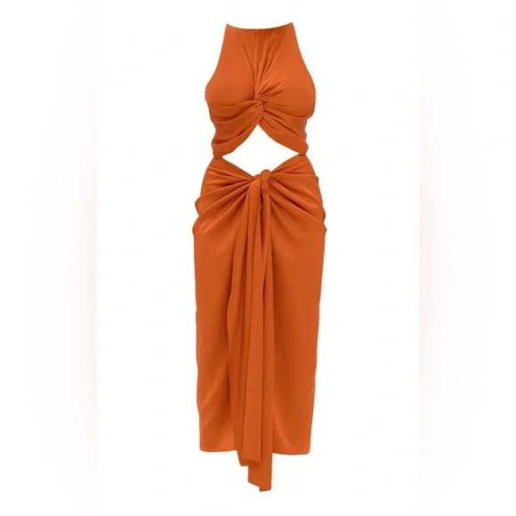 Andrea Iyamah Orange Reni Knotted Dress Size Large/US 10 New - Picture 14 of 15